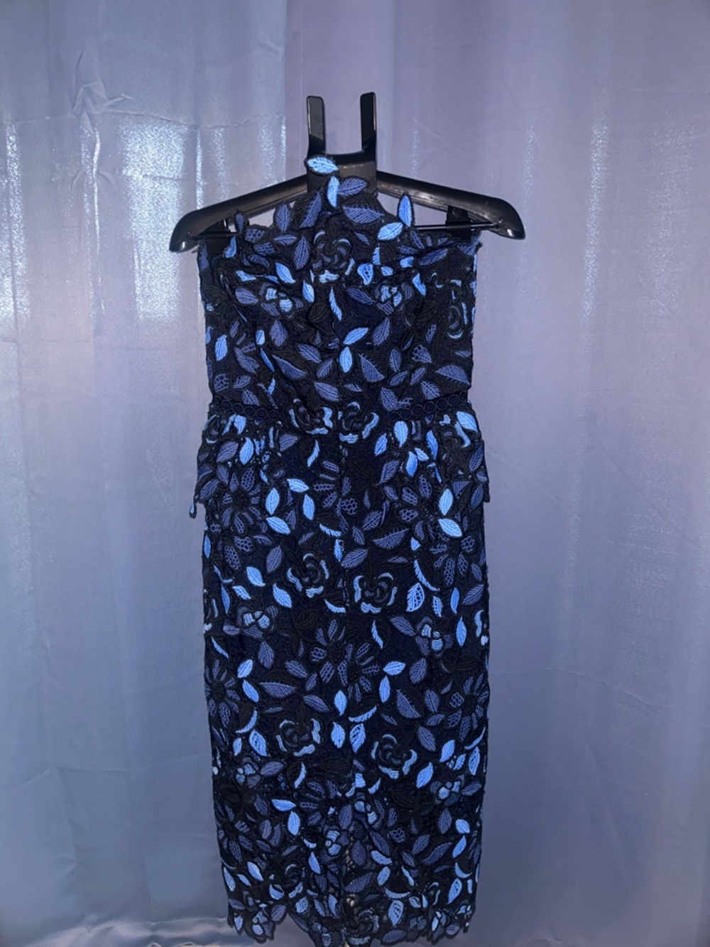 Elliatt Strapless Black Dress with Blue Floral Lace